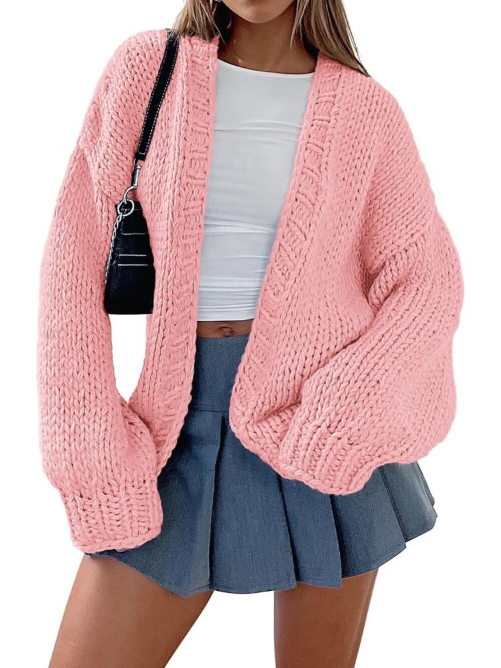Women's Pink Chunky Knit Oversized Open Front Cozy Cardigan Sweater